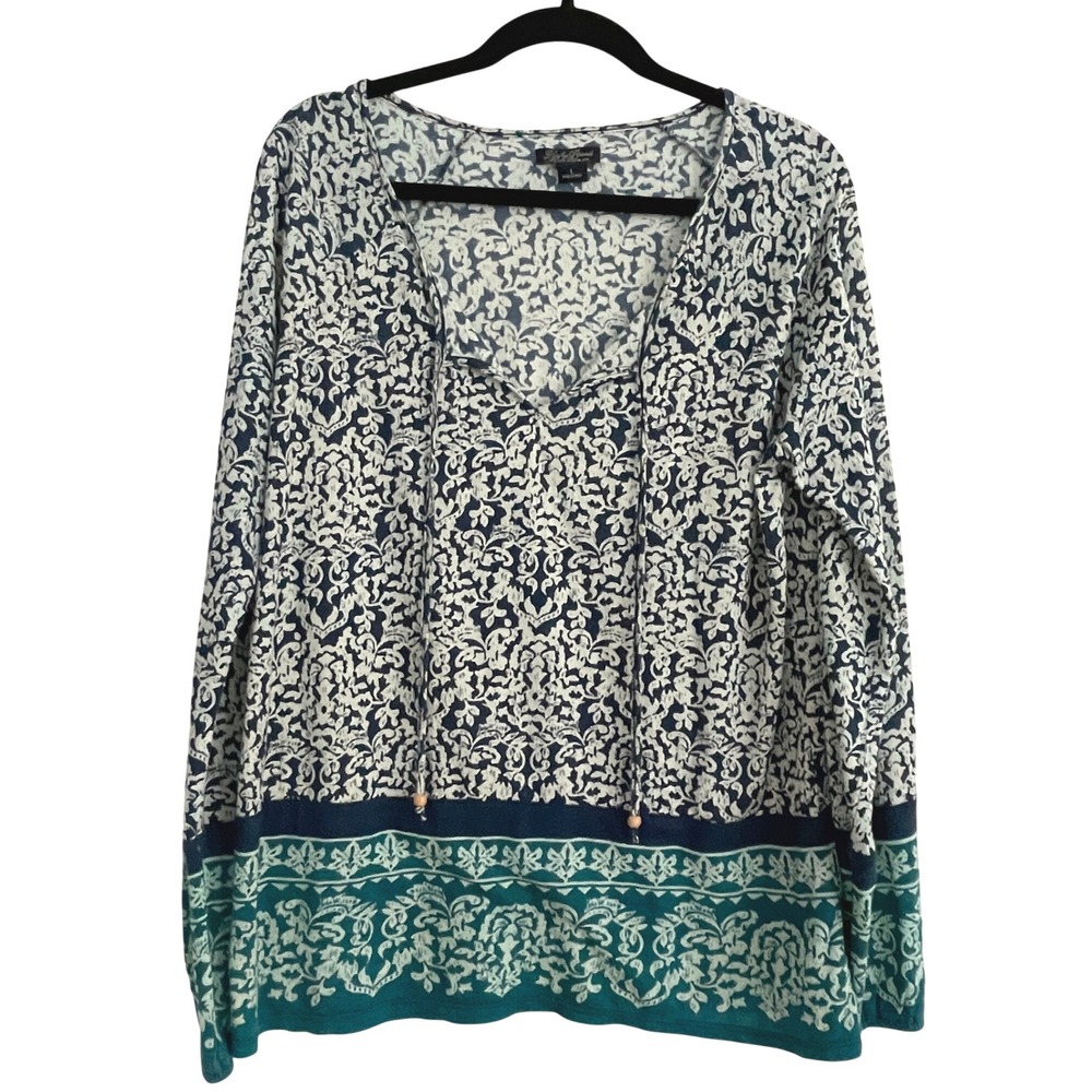 Lucky Brand Womens Blue Damask Print Tie Neck Long Sleeve Boho Top Large